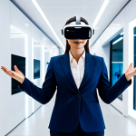 A professional businesswoman in a modest business suit, wearing a sleek VR headset, her hands gently gesturing as she interacts with a vibrant, immersive virtual storefront. She is standing in a brightly lit, modern technology showroom with clean lines and subtle futuristic elements. The scene conveys an innovative marketing experience, emphasizing consumer engagement and digital immersion. Fully clothed, appropriate attire, safe for work, professional, perfect anatomy, correct proportions, natural pose, well-formed hands, proper finger count, natural body proportions, high resolution, cinematic lighting, ultra-detailed, professional photography.