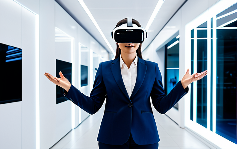 A professional businesswoman in a modest business suit, wearing a sleek VR headset, her hands gently gesturing as she interacts with a vibrant, immersive virtual storefront. She is standing in a brightly lit, modern technology showroom with clean lines and subtle futuristic elements. The scene conveys an innovative marketing experience, emphasizing consumer engagement and digital immersion. Fully clothed, appropriate attire, safe for work, professional, perfect anatomy, correct proportions, natural pose, well-formed hands, proper finger count, natural body proportions, high resolution, cinematic lighting, ultra-detailed, professional photography.