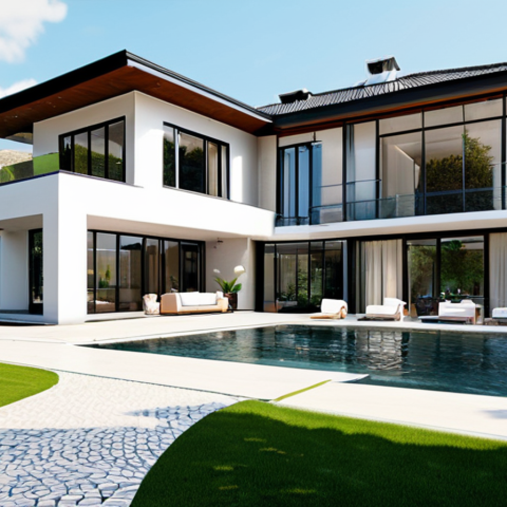 메타버스 내 경제적 기회와 도전 - **Digital Real Estate Investment:** "Modern architectural rendering of a luxurious virtual villa in ...