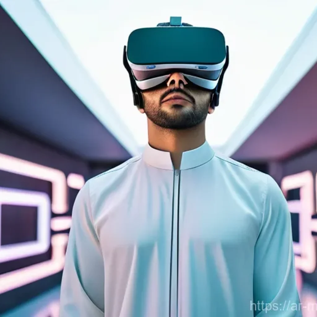 메타버스에서의 기술 혁신 사례 - A young, enthusiastic person, appearing to be of Arab descent, wearing a sleek, high-tech virtual re...