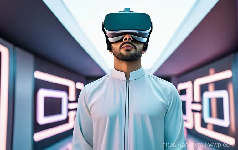 메타버스에서의 기술 혁신 사례 - A young, enthusiastic person, appearing to be of Arab descent, wearing a sleek, high-tech virtual re...