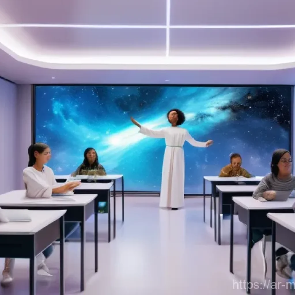 메타버스에서의 클라우드 서비스 활용 - **Prompt:** A vibrant, futuristic metaverse classroom bathed in soft, ethereal light. Diverse studen...
