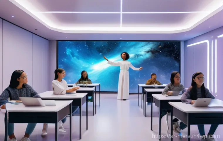 메타버스에서의 클라우드 서비스 활용 - **Prompt:** A vibrant, futuristic metaverse classroom bathed in soft, ethereal light. Diverse studen...