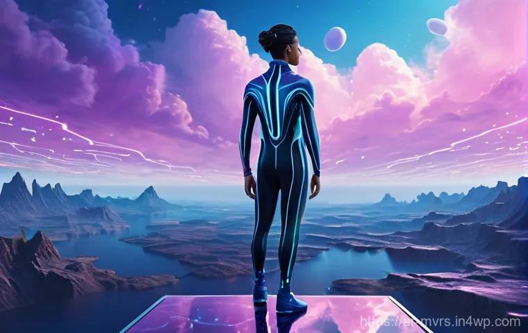 메타버스에서의 클라우드 서비스 활용 - **Prompt:** A vibrant, futuristic metaverse classroom bathed in soft, ethereal light. Diverse studen...
