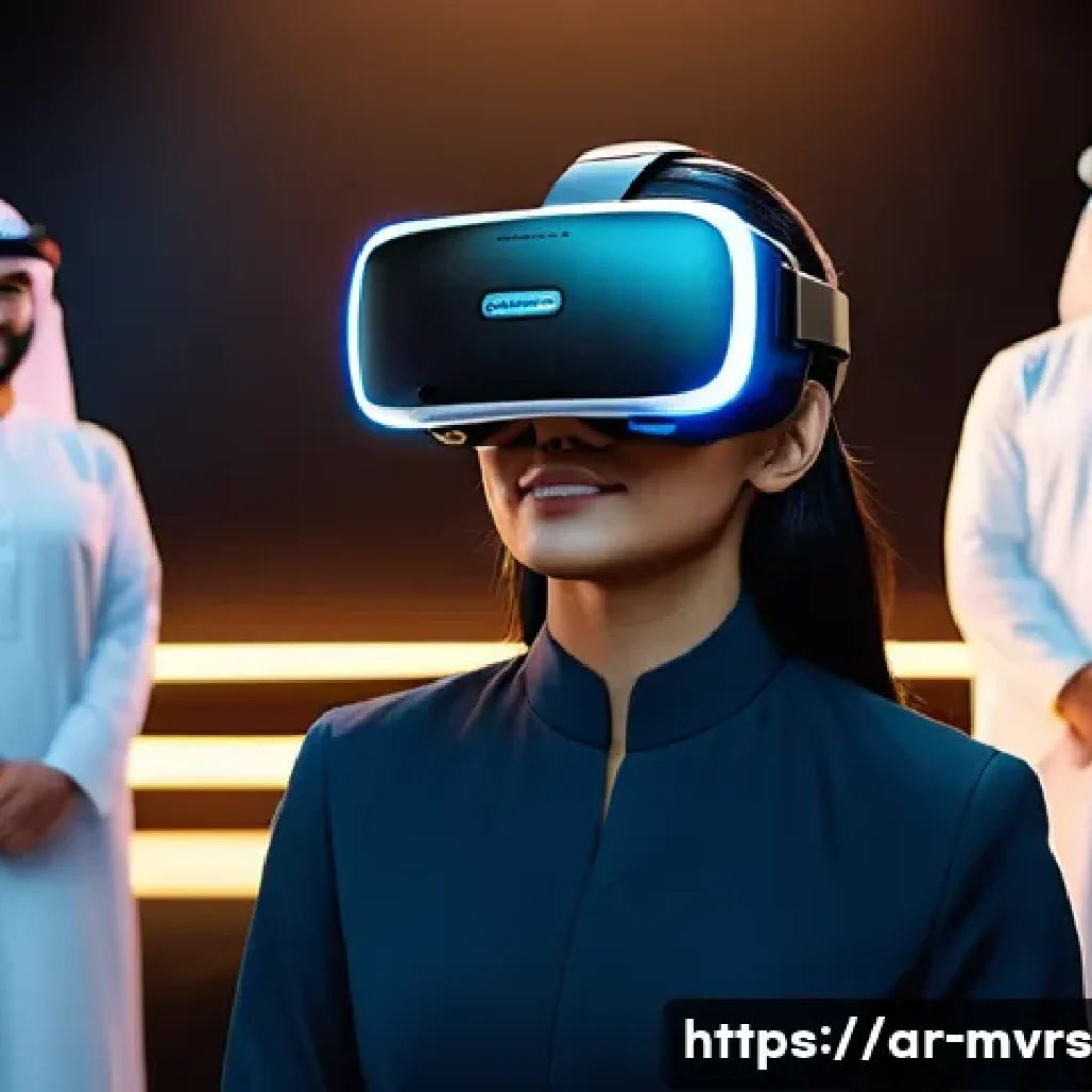 메타버스 산업 트렌드 및 전망 - A futuristic virtual meeting scene set in the metaverse featuring diverse Arabic professionals weari...
