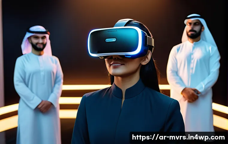메타버스 산업 트렌드 및 전망 - A futuristic virtual meeting scene set in the metaverse featuring diverse Arabic professionals weari...