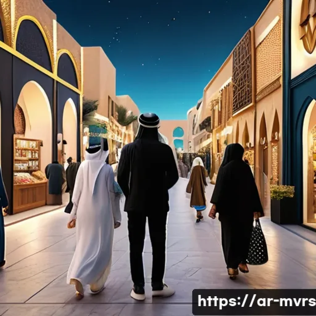 메타버스에서의 마케팅 전략 - A bustling virtual marketplace set in a modern Middle Eastern cityscape, showcasing detailed virtual...