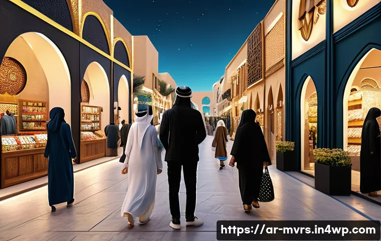 메타버스에서의 마케팅 전략 - A bustling virtual marketplace set in a modern Middle Eastern cityscape, showcasing detailed virtual...
