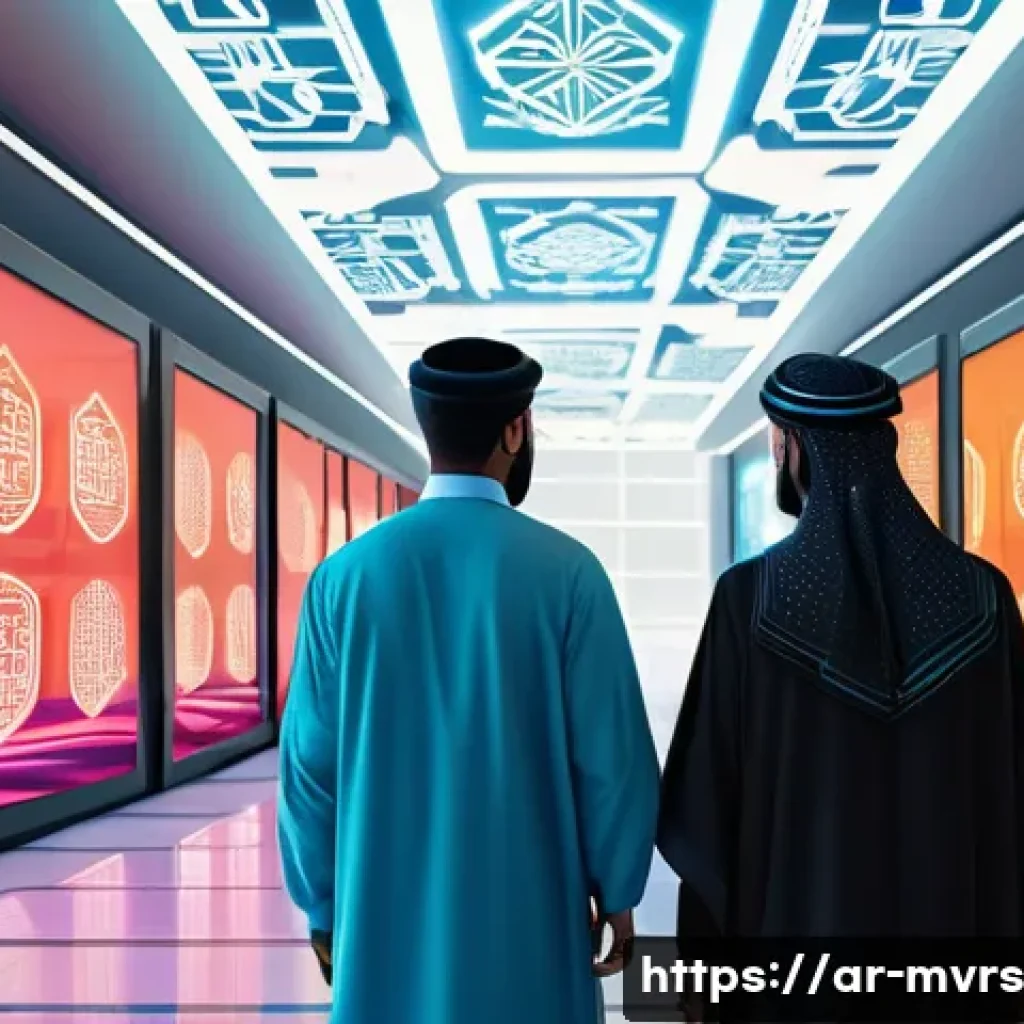 메타버스 비즈니스 모델의 실험적 접근 - A futuristic virtual marketplace inside the metaverse, showcasing Arabic-inspired digital architectu...