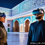메타버스에서의 기술 트렌드 - A vibrant and futuristic virtual reality social gathering set in a Middle Eastern inspired metaverse...