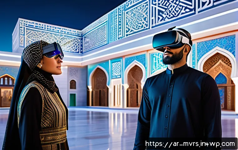 메타버스에서의 기술 트렌드 - A vibrant and futuristic virtual reality social gathering set in a Middle Eastern inspired metaverse...
