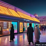 메타버스에서의 프리미엄 콘텐츠 monetization - A futuristic virtual marketplace in the metaverse, bustling with diverse avatars dressed in cultural...