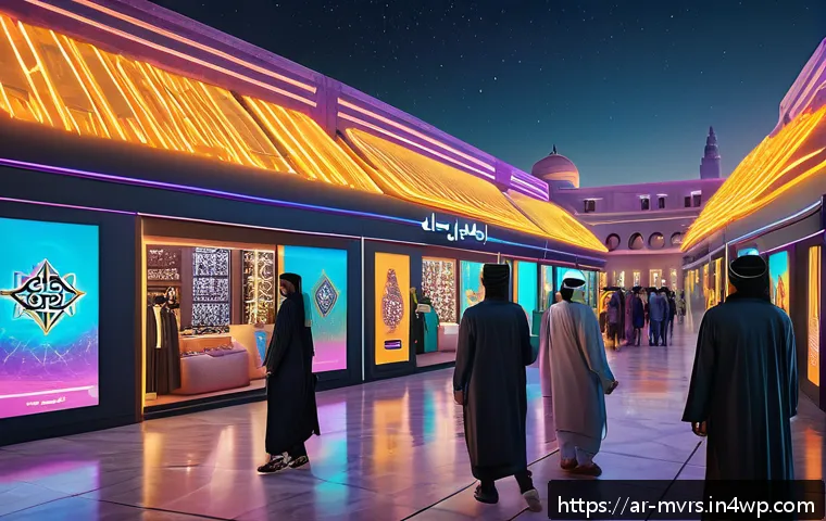 메타버스에서의 프리미엄 콘텐츠 monetization - A futuristic virtual marketplace in the metaverse, bustling with diverse avatars dressed in cultural...