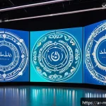 메타버스에서의 스폰서십 기회 - A futuristic virtual marketplace in the metaverse designed for Arabic users, featuring interactive d...