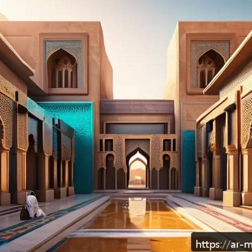 메타버스 내 수익 창출 전략 - A vibrant digital marketplace inside the metaverse set in a futuristic Arabian cityscape, featuring ...
