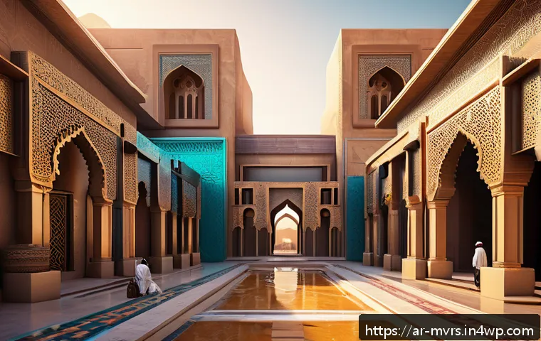 메타버스 내 수익 창출 전략 - A vibrant digital marketplace inside the metaverse set in a futuristic Arabian cityscape, featuring ...