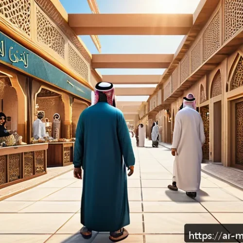 메타버스에서의 시장 조사 및 분석 - A futuristic digital marketplace inside the metaverse designed for Arabic users, featuring a vibrant...