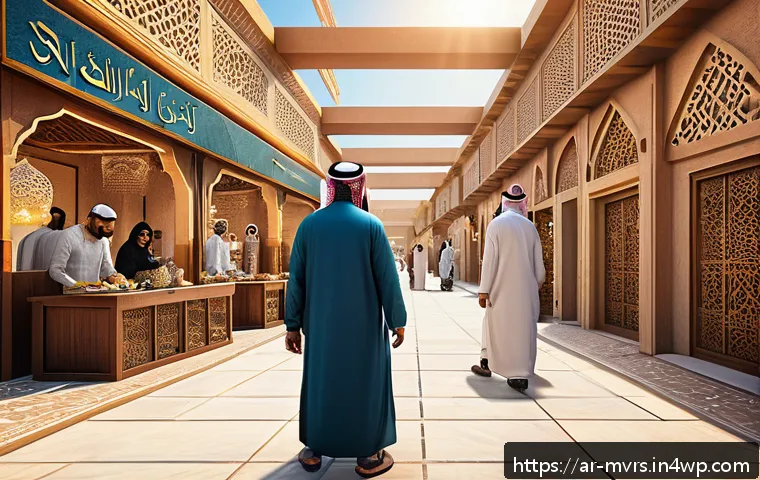 메타버스에서의 시장 조사 및 분석 - A futuristic digital marketplace inside the metaverse designed for Arabic users, featuring a vibrant...