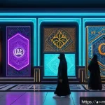 메타버스 내 기술 변화와 비즈니스 영향 - A futuristic virtual marketplace set in the metaverse, featuring Arabic architectural influences suc...