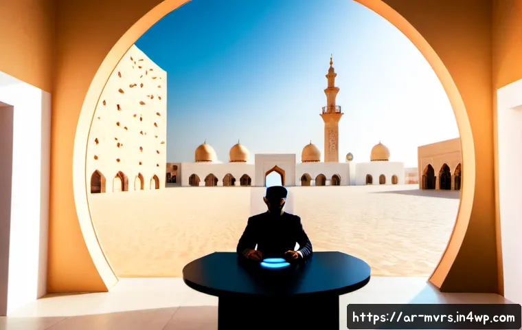 Home 17 메타버스 내 플랫폼 비즈니스 모델 - Photorealistic modern business scene in a Gulf Arab innovation hub, confident Arab entrepreneurs in ...