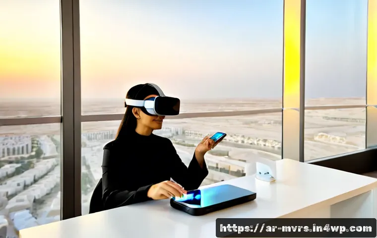 메타버스에서의 구독 서비스 모델 - Photorealistic modern apartment in Riyadh at sunset, a modestly dressed Arab woman wearing a sleek V...