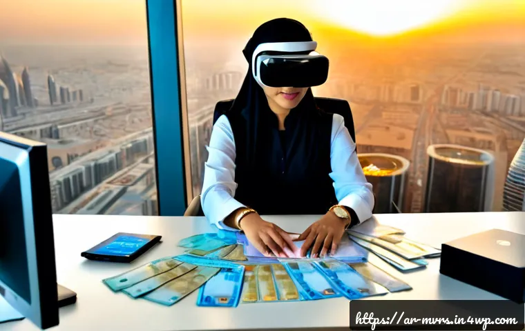 Home 17 메타버스 비즈니스 모델의 경제적 가치 - Photorealistic Gulf Arab businesswoman in modest professional attire using a virtual reality headset...
