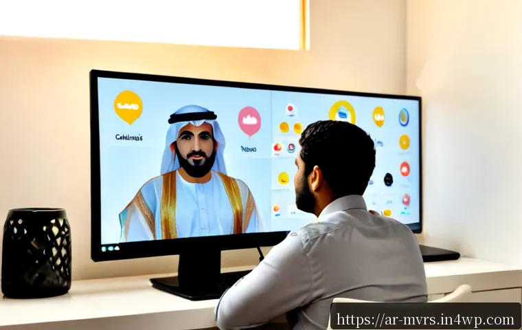 가상 공간에서의 커뮤니티 관리 - Photorealistic modern community manager in modest Gulf Arab attire seated at a clean home-office des...