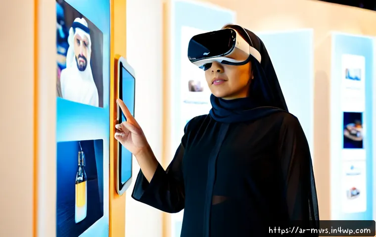 메타버스 내 전시회 비즈니스 모델 - Photorealistic modern Gulf businesswoman wearing a tailored abaya and subtle hijab, using a virtual ...